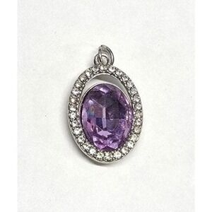 Silvertone Oval Pendant Purple Faceted Stone Clear Rhinestone Halo One of a Kind